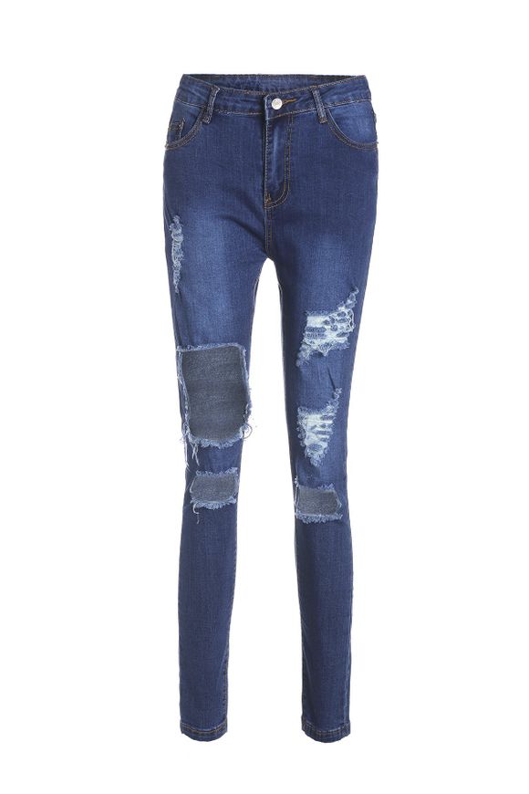 Chic High-Waisted Bodycon Hole Design Femmes Jeans - Bleu M