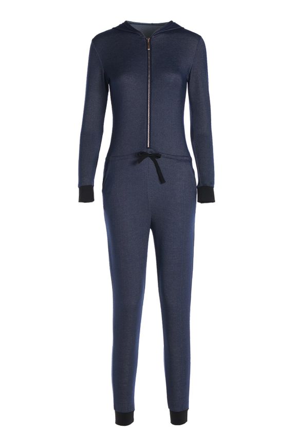 Attractive Zippered capuche Solide Couleur taille Drawstring Denim Jumpsuit pour les femmes - Bleu L