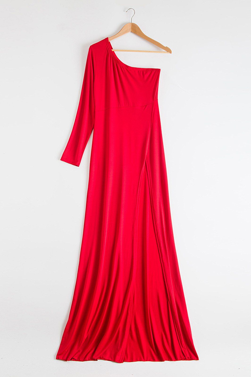 

Noble One-Shoulder Solid Color Long Sleeve Slit Maxi Dress For Women, Red