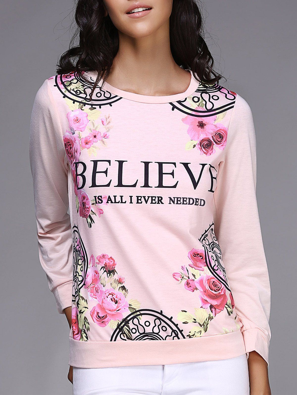 Casual Letter and Rose Printed Pullover Sweatshirt For Women - PINK M