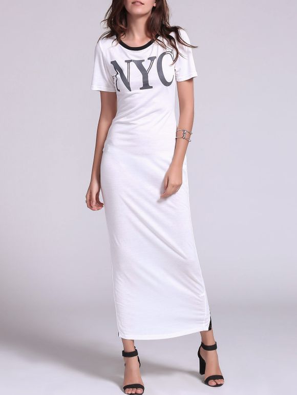 Stylish Split Hollow Out Short Sleeve Dress For Women - Blanc L