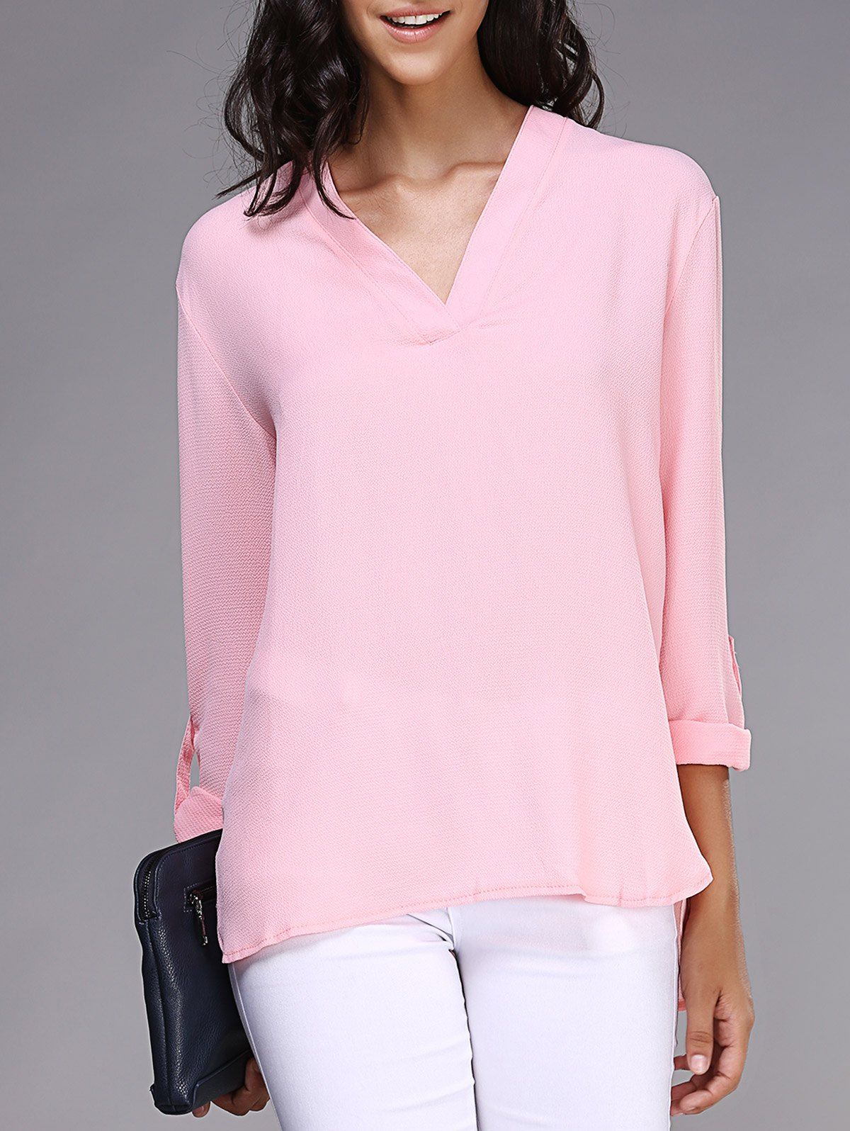 [41% OFF] 2021 Stylish V-Neck Long Sleeve Loose Pink Chiffon Blouse For ...