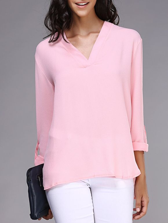 Blouse en mousseline de soie élégant col en V à manches longues en vrac rose pour les femmes - Rose XL