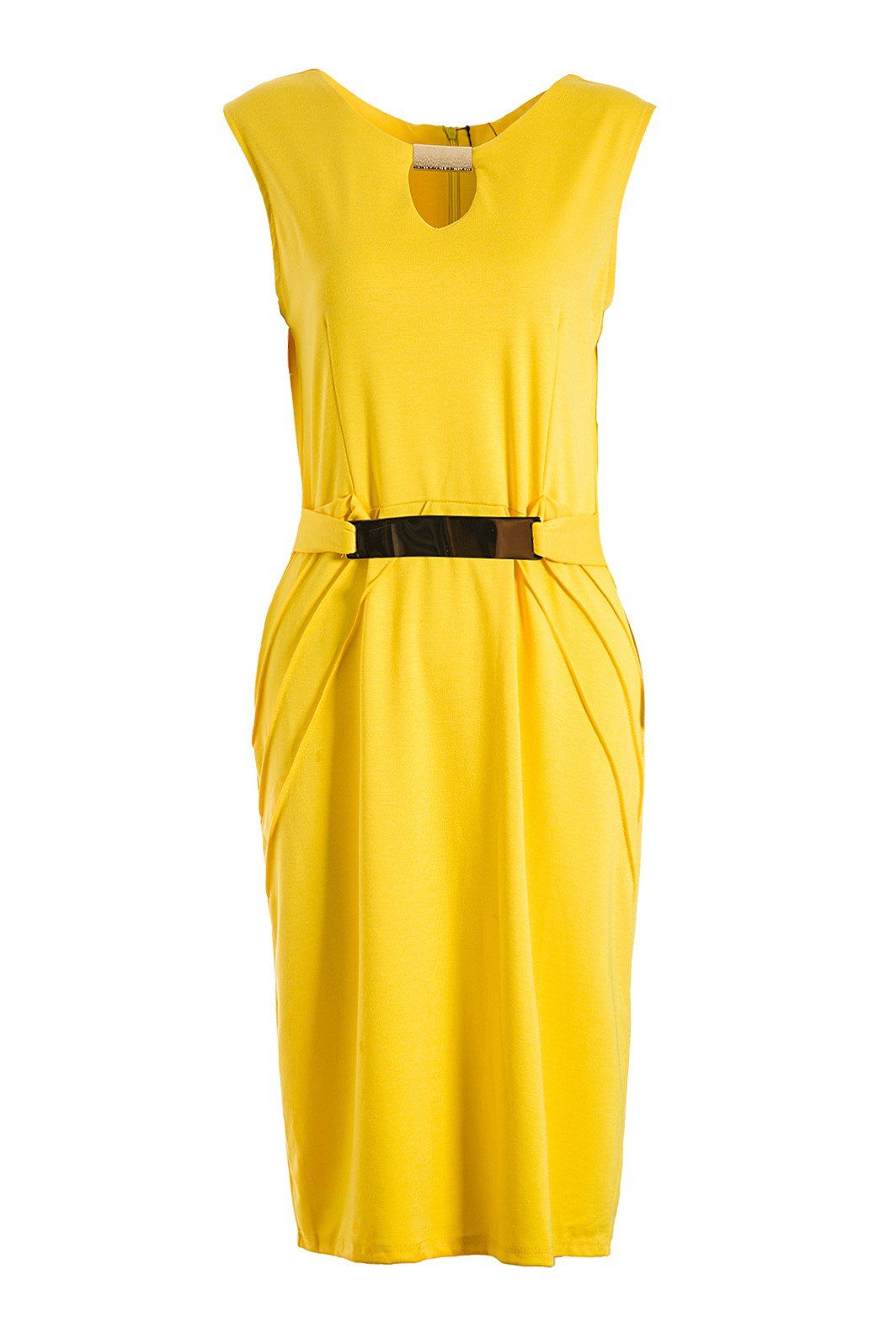 

Noble Sleeveless V-Neck Ruched Faux Belt Embellished Women's Bodycon Dress, Yellow