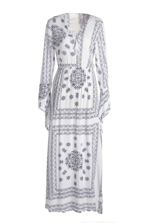Robe Femme Imprimé Ethnique à Fente Élevée à Manches Évasées à Lacets - Gris et Blanc XL
