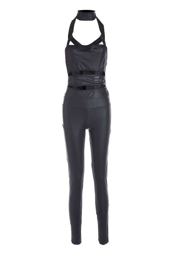 Sexy en cuir noir Faux Off-The-épaule Jumpsuit de femme sans manches - Noir L