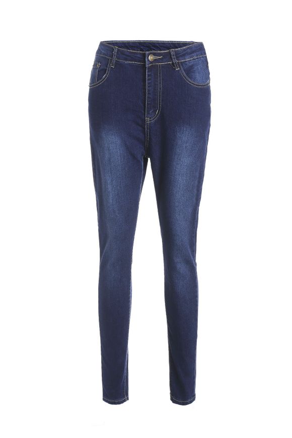 Élégant Pocket conception solide de couleur taille haute Jeans - Bleu profond XL