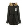 Preppy Style Faux Fur Hooded Drawstring Design Embroidered Fleece Coat For Women - BLACK M