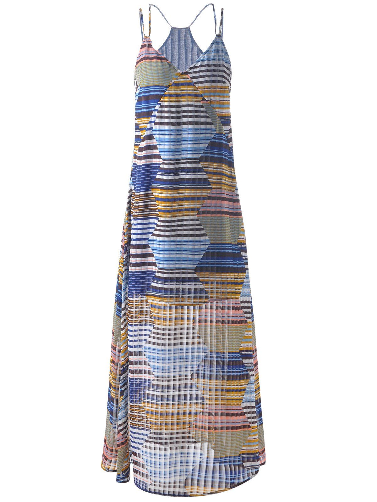 

Spaghetti Strap Long Striped Dress For Women, Grey and white and blue