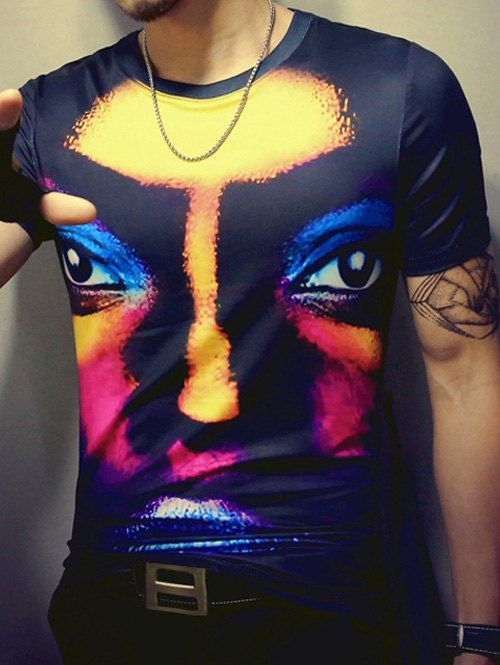 3D Visage Imprimer T-shirt col rond manches courtes hommes s ' - multicolore 2XL
