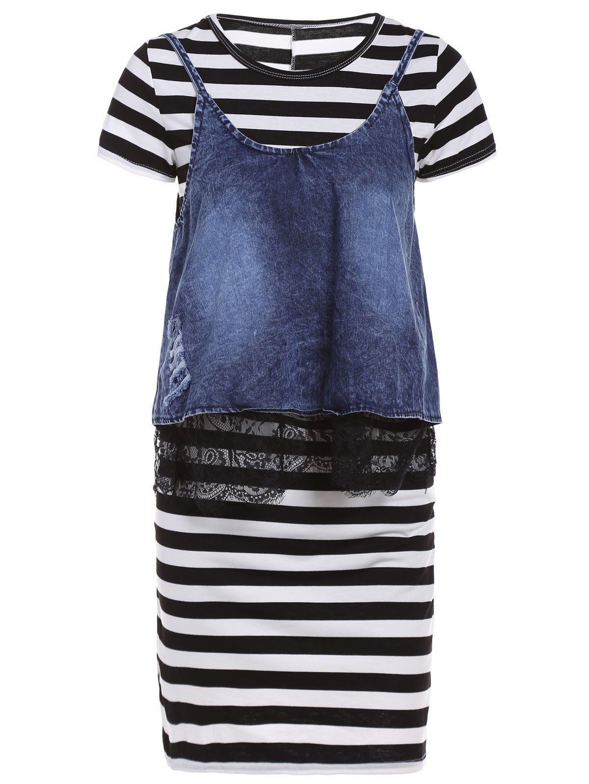 

Stylish Women's Short Sleeve Striped Dress + Denim Waistcoat Twinset, Stripe