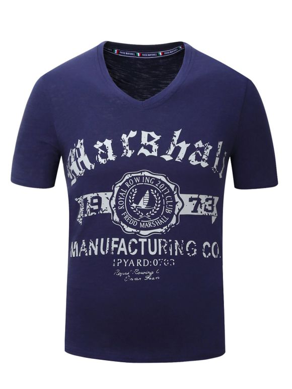 T-shirt Lettre et Voile Imprimer V-cou à manches courtes  's - Bleu Saphir 2XL