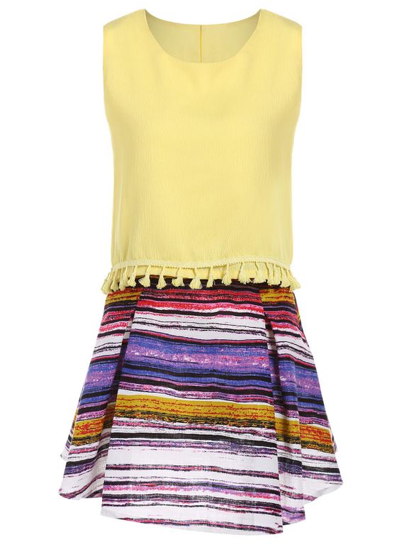 Stylish Women's Fringed Tank Top + Striped Skirt Twinset - Jaune M