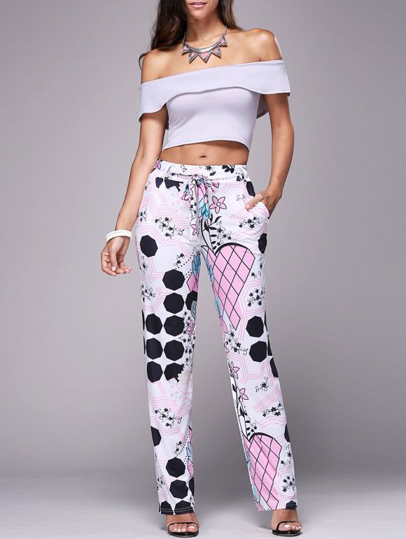 Trendy Women's Off The Shoulder Crop Top + Full Print Wide Leg Pants Twinset - Blanc XL