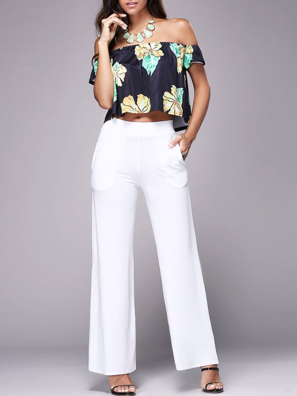 Floral Off The Shoulder Crop Top Pantalon large - Blanc et Noir S