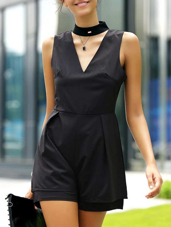 Fashionable Women's Stand Collar Cut Out Solid Color Romper - Noir XL