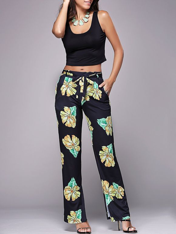 Floral Print Pantalon large avec Crop Top - Noir XL
