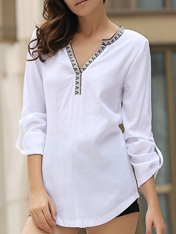 Casual Long Sleeve V Neck Asymmetrical Women's Blouse - Blanc M