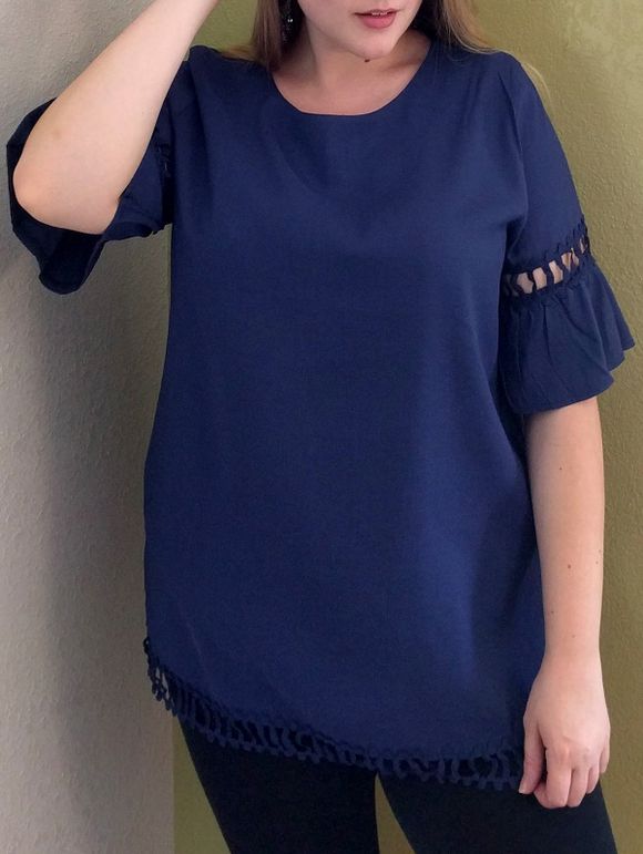 Trendy Jewel Neck manches cloche Solid Color Cut Out Blouse pour les femmes - Bleu Violet 3XL