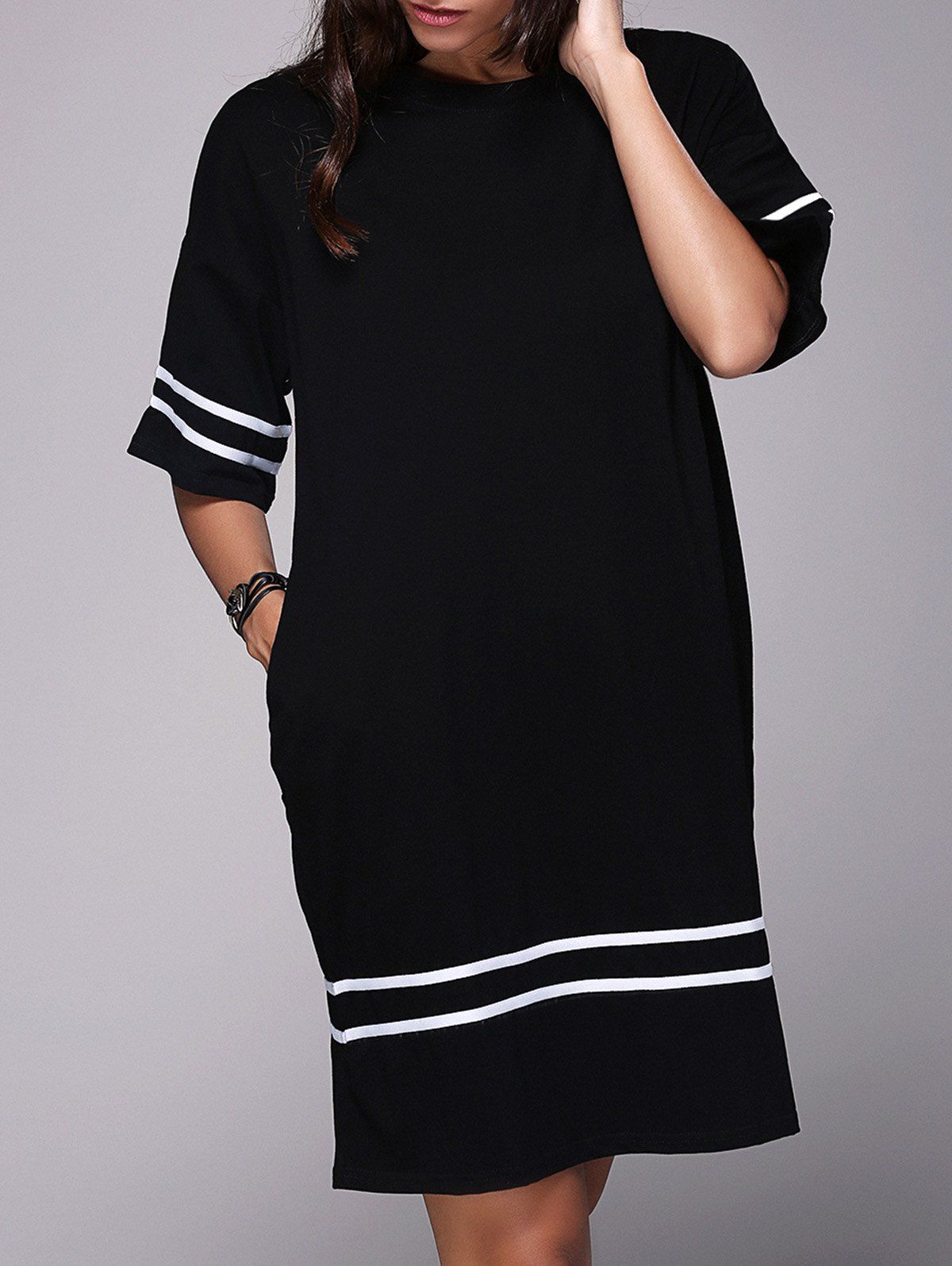 

Casual Style Women's Round Neck Half Sleeve Hem Striped Dress, Black
