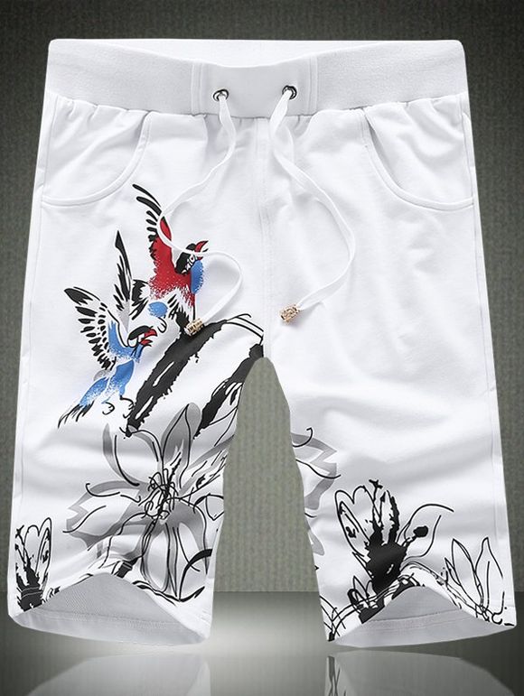Men 's Trendy Jambe droite Oiseau Imprimé à lacets en vrac Shorts - Blanc 5XL