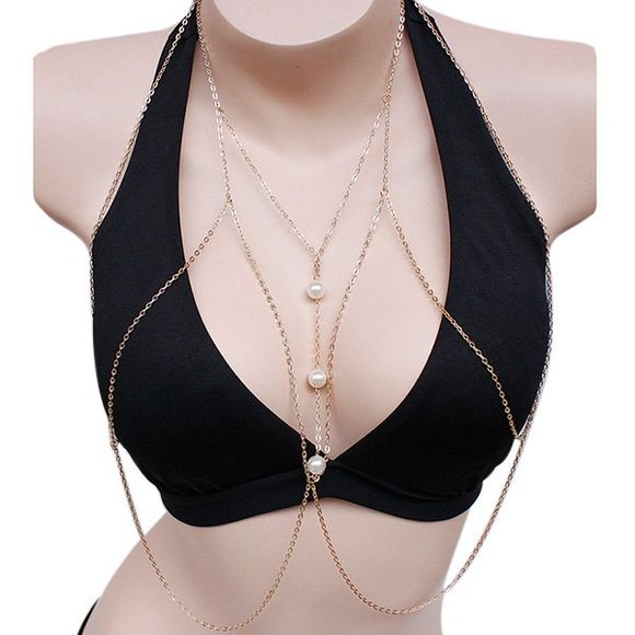 Élégant chaîne Body Faux Perle Bead Bikini pour les femmes - d'or 