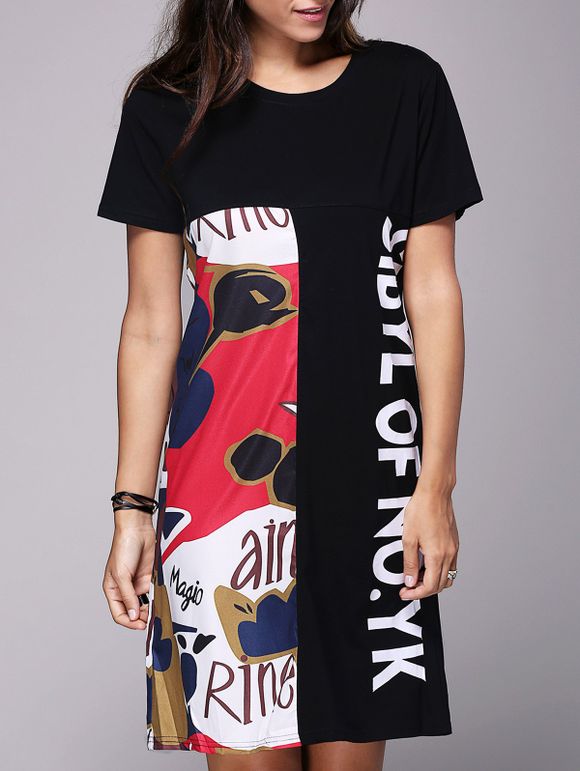 Femmes Chic  's col rond manches courtes T-shirt imprimé robe - Noir ONE SIZE(FIT SIZE XS TO M)