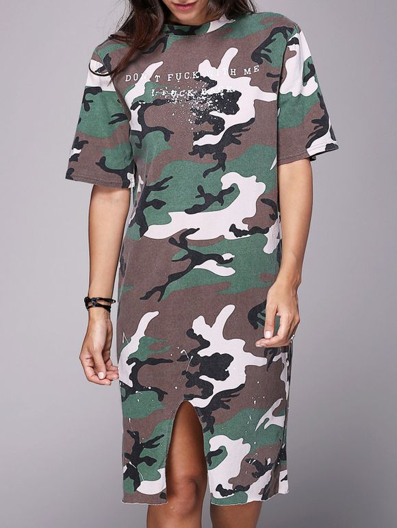 Fashionable Women's Round Neck Half Sleeve Camo T-Shirt Dress - Camouflage ONE SIZE(FIT SIZE XS TO M)