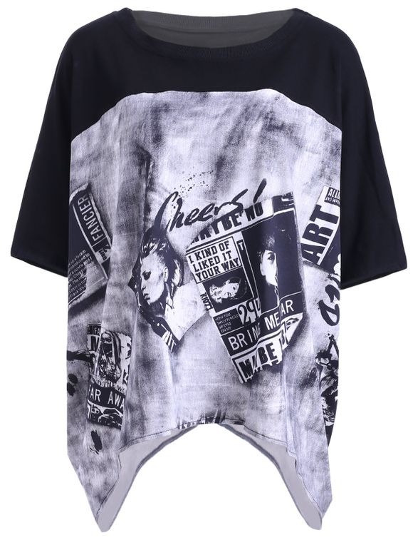 T-Shirt Femme Trendy Col rond asymétrique Figure Imprimer l  ' - Blanc et Noir ONE SIZE(FIT SIZE XS TO M)