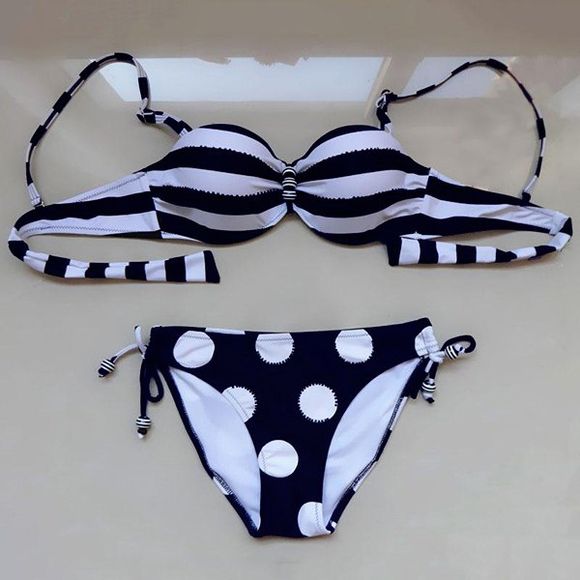 Bikini Set élégant rayé Polka Dot Spaghetti Strap femmes - Bleu Violet M
