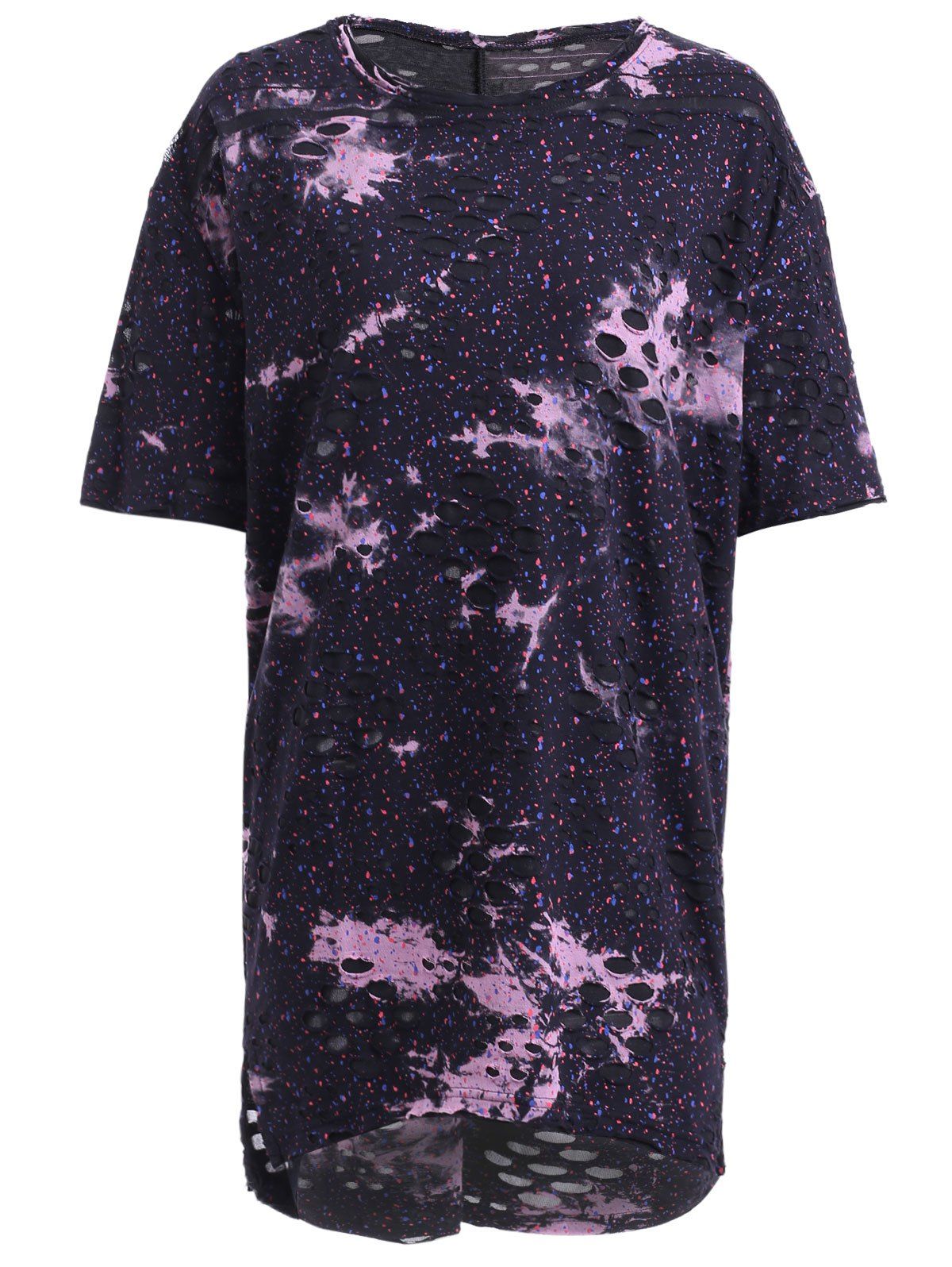 

Asymmetrical Distressed Printed Tee, Black and pink