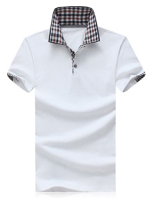 Plus Size Color Block Plaid Splicing Turn-down Collar Shorts Sleeves Men's T-Shirt - Blanc 5XL