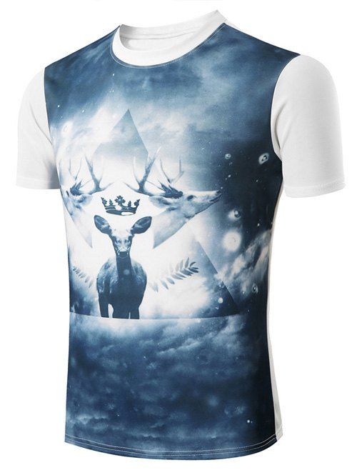 

Plus Size 3D Round Neck Deer Print Short Sleeve Men's T-Shirt, White