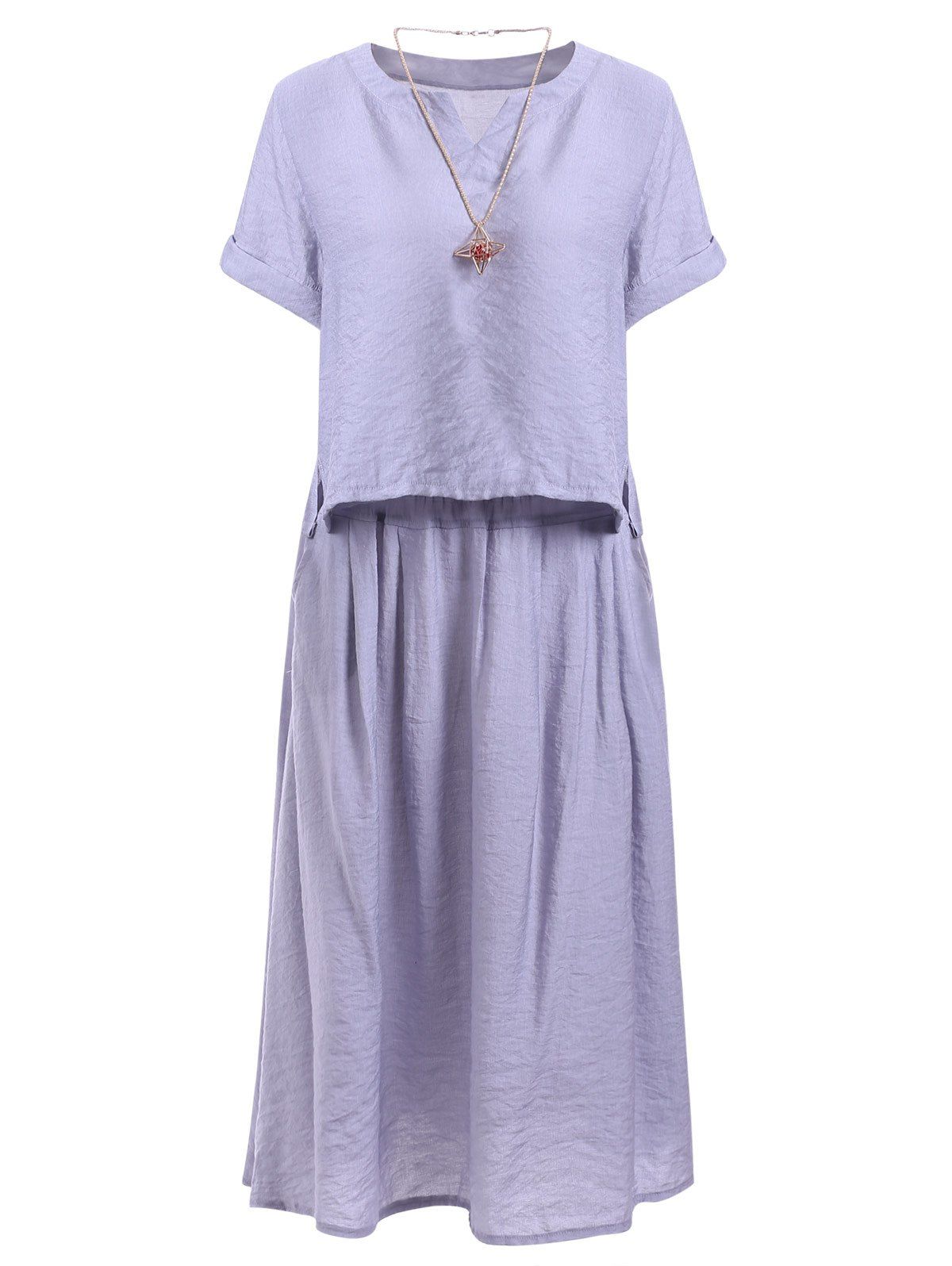 

Stylish Women's Short Sleeve Furcal T-Shirt + Pure Color Midi Skirt Twinset, Gray