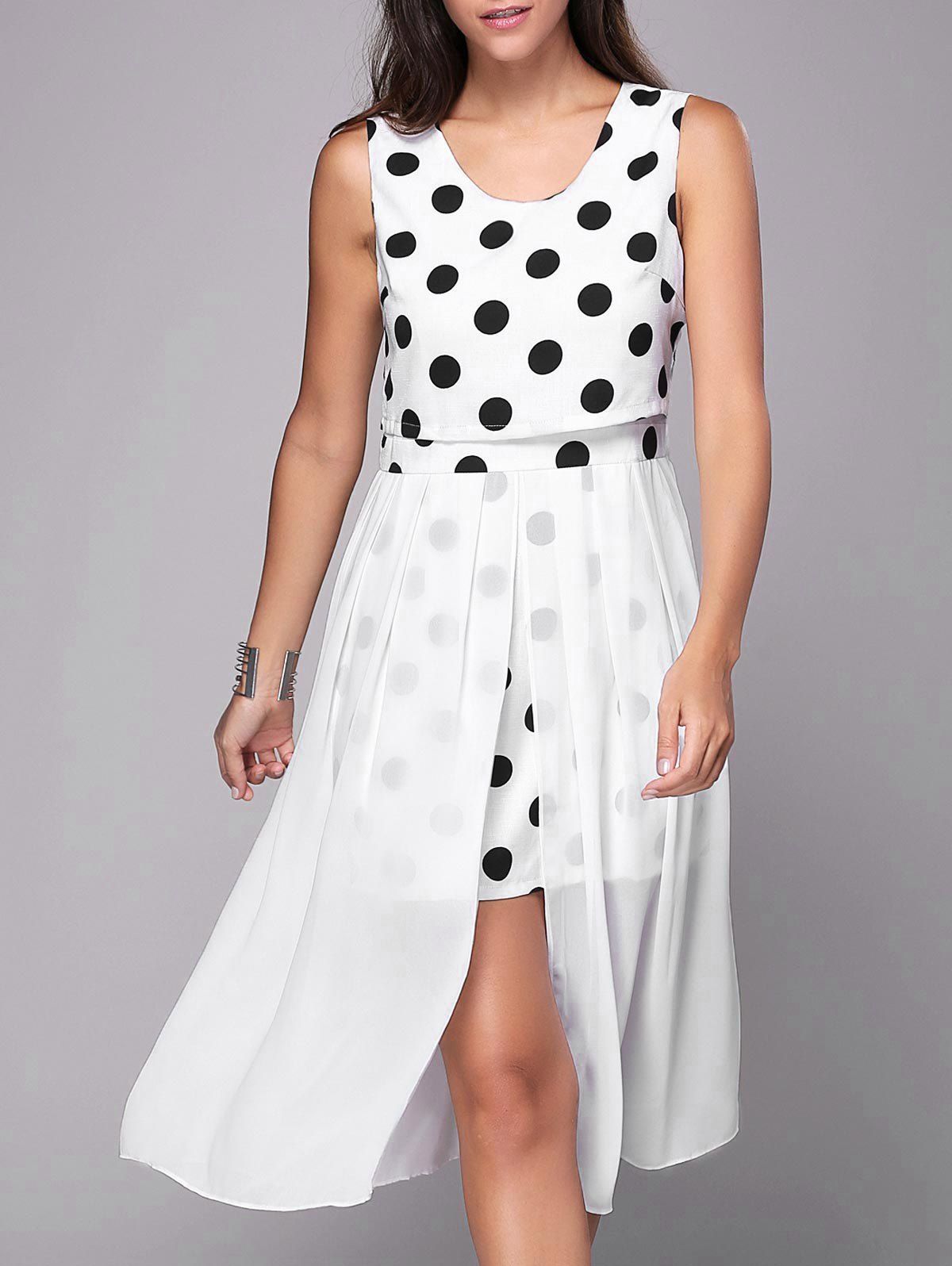 

Trendy Women's Sleeveless Polka Dot Spliced High Slit Dress, White