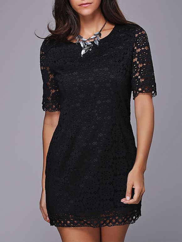 Trendy Short Sleeve Scoop Neck Lace Dress For Women - Noir ONE SIZE(FIT SIZE XS TO M)