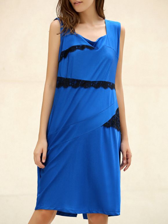 Robe moulante OL encolure carrée manches Patch dentelle femmes - Bleu Saphir 2XL