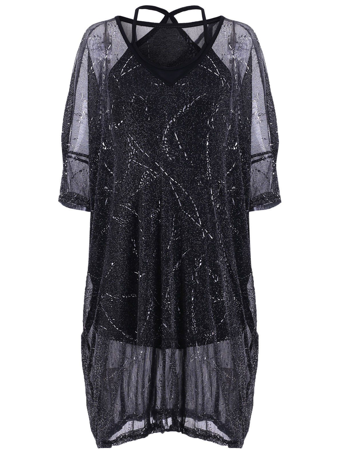 

Attractive Women's V-Neck Voile T-Shirt and Strappy Tank Top Twinset, Black
