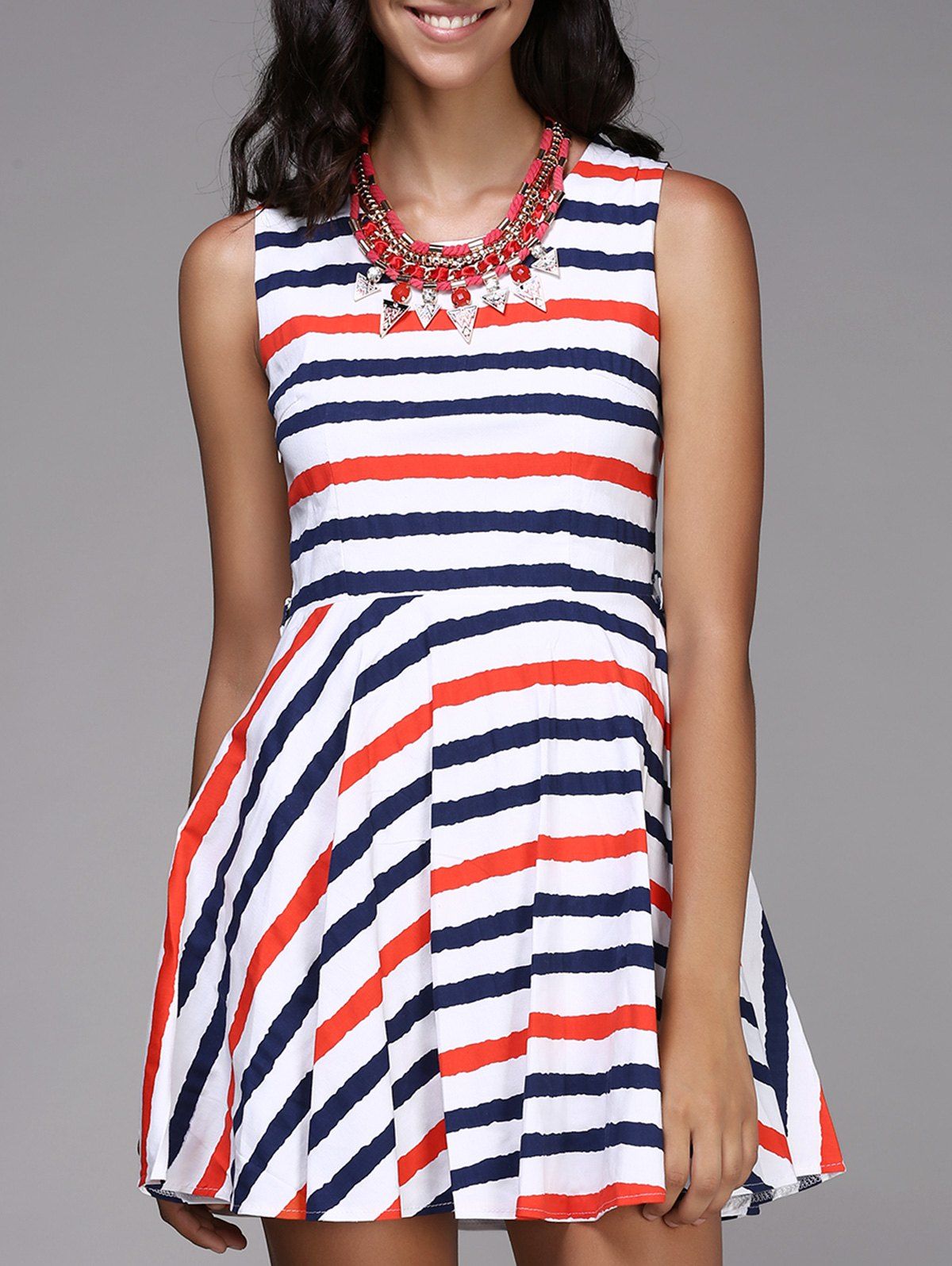 

Trendy Sleeveless Round Neck Slimming Striped Women's Dress, Red