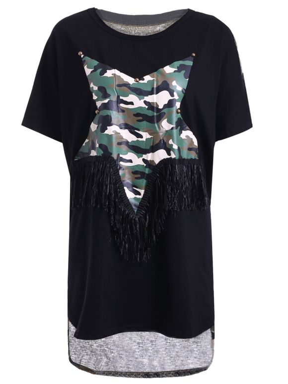 T-Shirt Cou Jewel Étoile Patchwork Camo Imprimer Bordées Femmes Trendy  's - Noir ONE SIZE(FIT SIZE XS TO M)