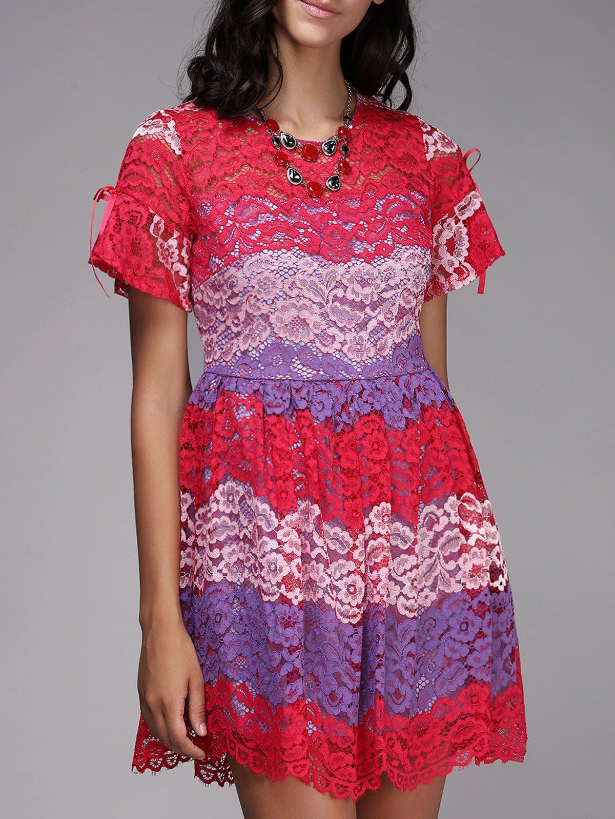

Trendy Short Sleeve Round Neck Spliced Hit Color Women's Lace Dress, Red
