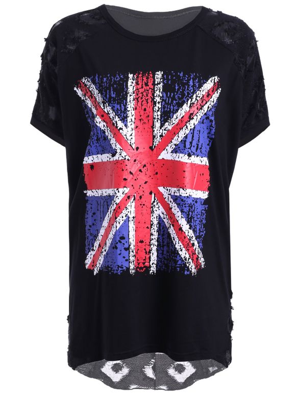 Trendy Women's Jewel Neck Union Flag Patchwork Jacquard T-Shirt - Noir ONE SIZE(FIT SIZE XS TO M)