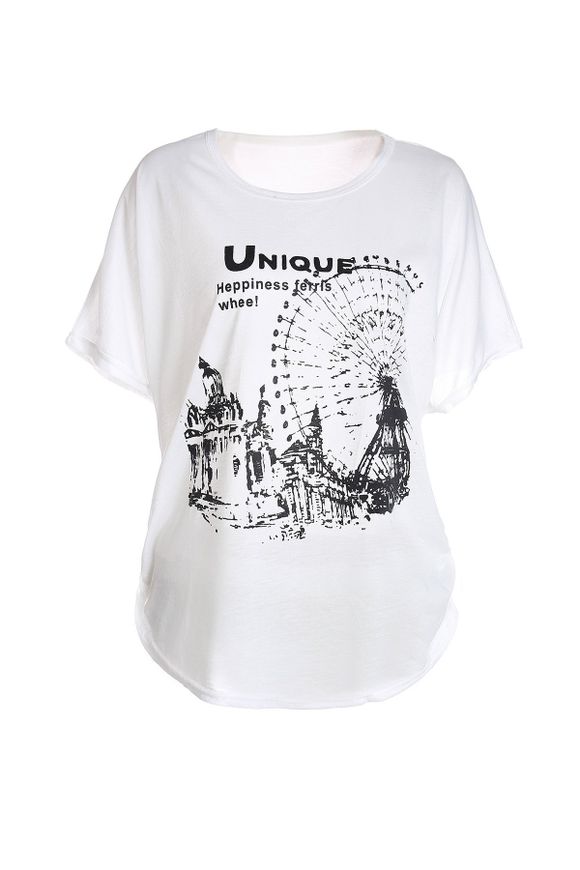 T-shirt ample Ferris Wheel Motif Batwing femme manches courtes - Blanc ONE SIZE