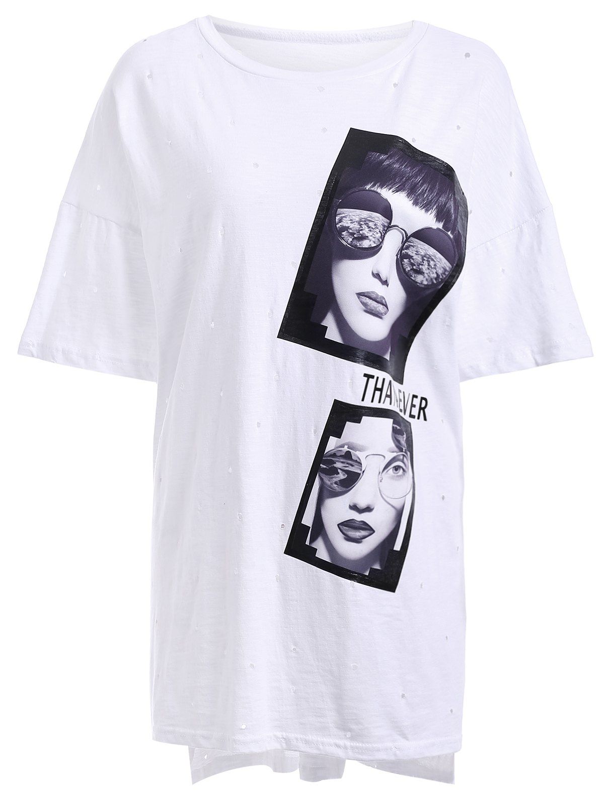 

Chic Face Pattern Hole Design Women's T-Shirt, White