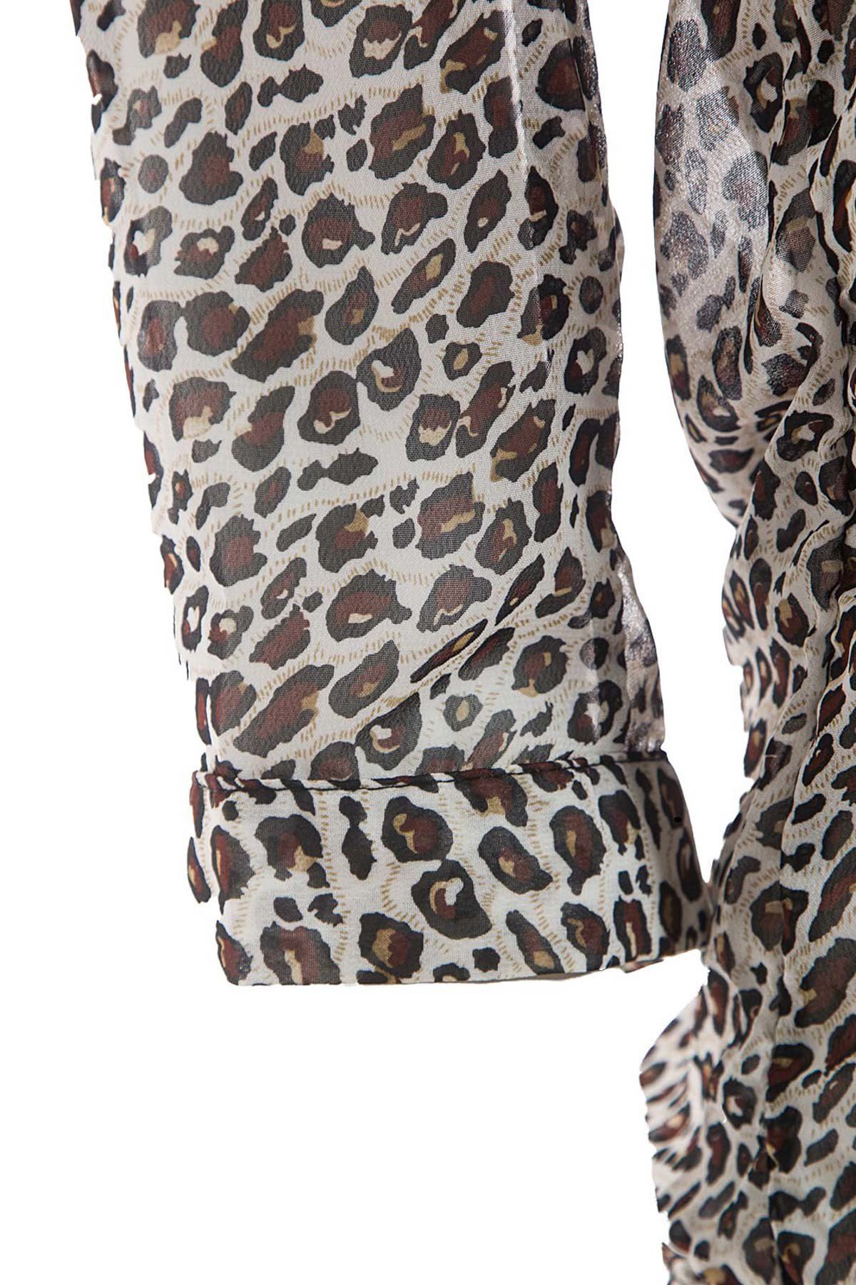 2018 Leopard Print Stand Collar 3/4 Flanging Sleeve Chiffon Shirt BLACK ...