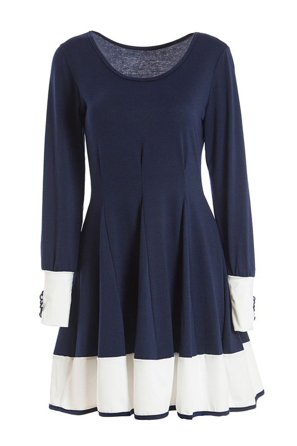 Sweet Scoop Neck Color Block With Waistband Long Sleeves Cotton Blend Deep Blue Women's Dress - DEEP BLUE ONE SIZE