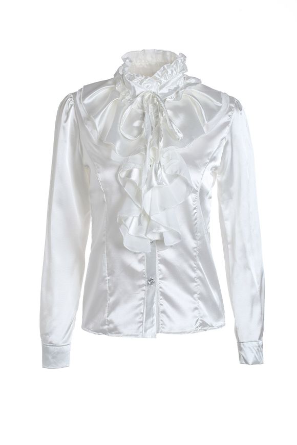 Chemise Femme en Mousseline à Col Montant à Volants Décoratifs - Blanc M