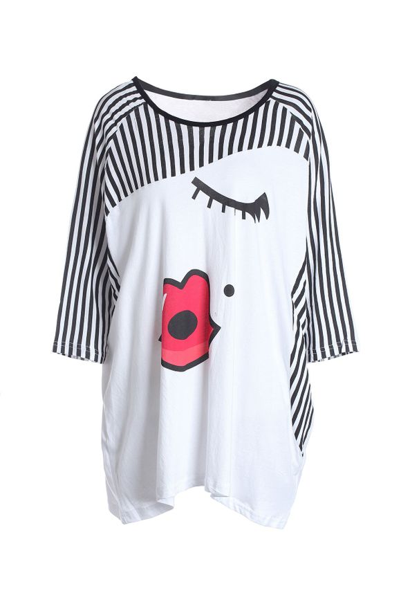 Impression Lips élégant Stripe Blocage Couleur Coton T-shirt de Blend pour les femmes - Blanc ONE SIZE