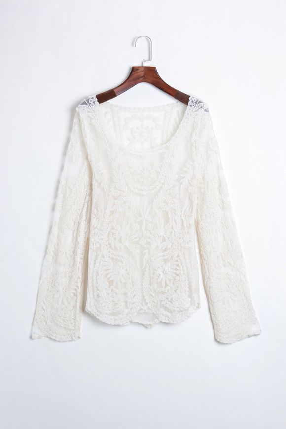 Chemisier en dentelle avec broderie ajourée Motif doux femmes Loose Fit Conception - Blanc Cassé ONE SIZE
