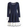 Sweet Scoop Neck Color Block With Waistband Long Sleeves Cotton Blend Deep Blue Women's Dress - DEEP BLUE ONE SIZE